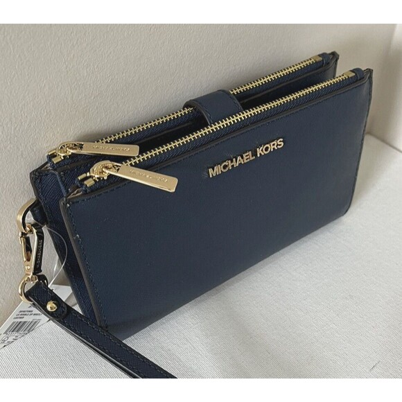 New Michael Kors Jet Set Travel Double Zip Wallet Saffiano Leather Navy - Picture 2 of 5